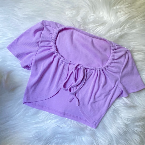 Purple Tie Front Ribbed Crop T-shirt Top - Picture 7 of 7